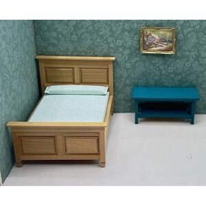 Vintage Dollhouse Bedroom Furniture Bed Nightstand. Painting.
